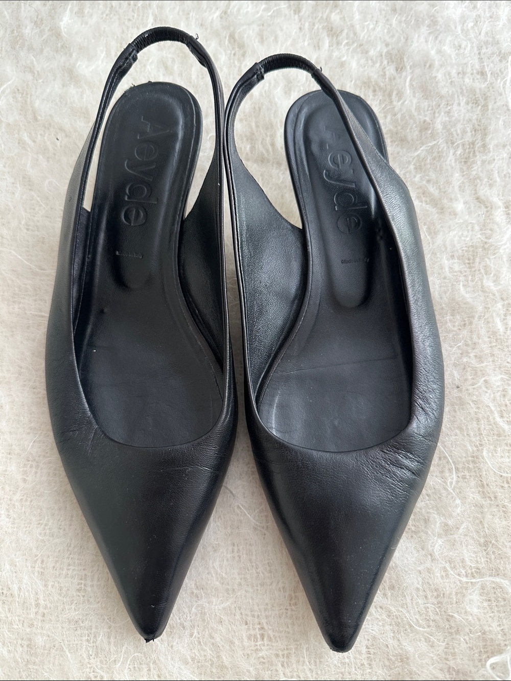 Aeyde Valerie Black Leather Slingback Kitten Heels Pointed Toe Size 37.5